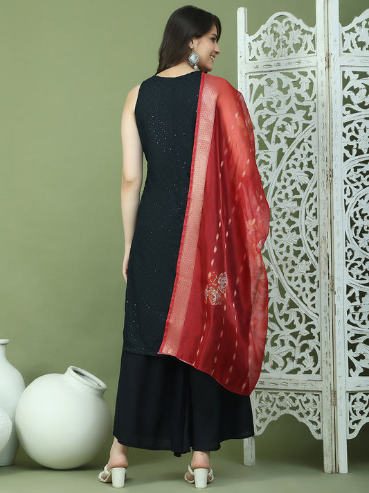Embroidered Rayon Kurta Palazzos With dupatta ( JOKPL 2137B D66R 1579 Black )