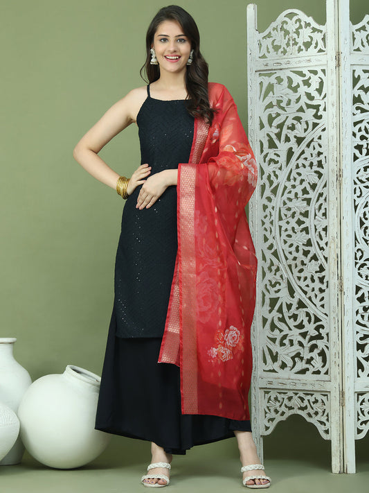 Backless Designer Kurta Palazzo Set with Floral Dupatta ( JOKPL 2137B D66R 1577 Black )