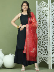 Backless Designer Kurta Palazzo Set with Floral Dupatta ( JOKPL 2137B D66R 1577 Black )