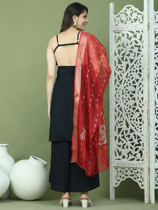 Backless Designer Kurta Palazzo Set with Floral Dupatta ( JOKPL 2137B D66R 1577 Black )