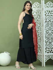 Backless Designer Kurta Palazzo Set with Floral Dupatta ( JOKPL 2137B D66R 1577 Black )