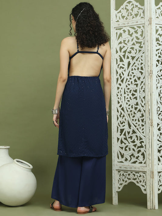 Chic Backless Designer Kurta with Palazzo ( JOKPL 2137N 1577 Navy )
