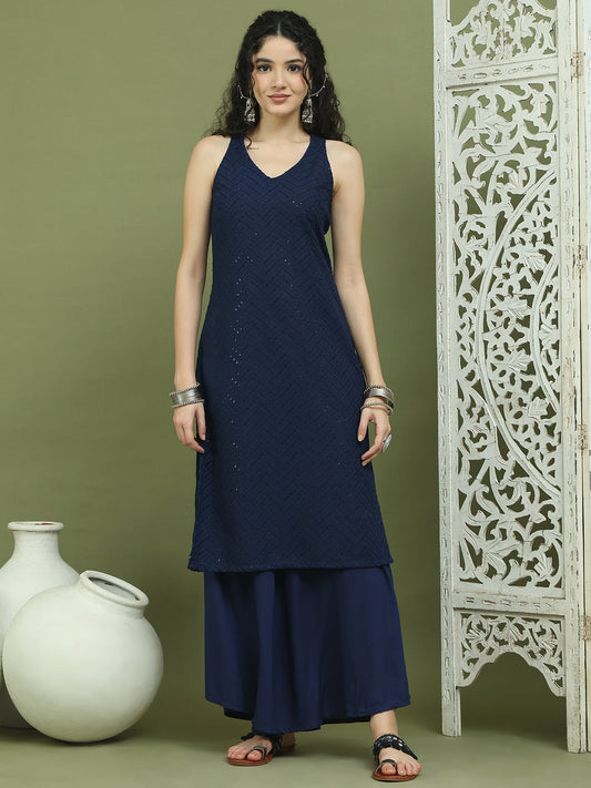 Embroidered Rayon Kurta for Women ( JOK 1579 Navy )