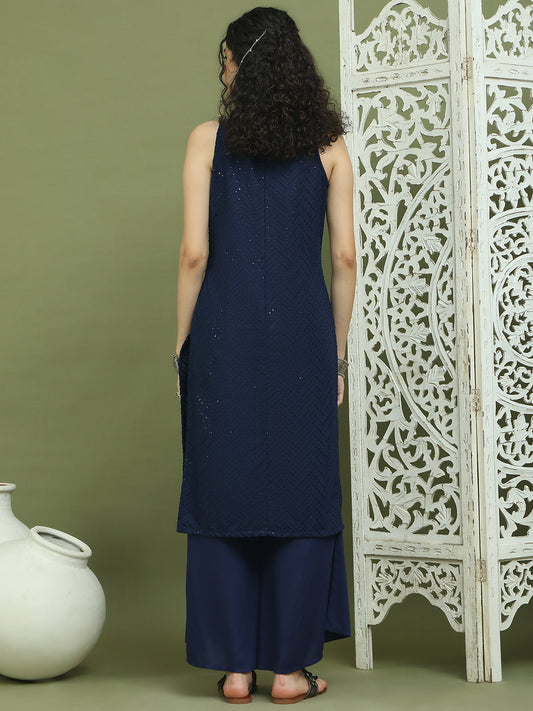 Embroidered Rayon Kurta With Palazzos ( JOKPL 2137N 1579 Navy )