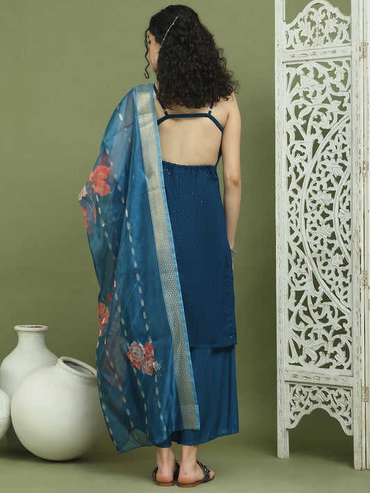 Backless Designer Kurta Palazzo Set with Floral Dupatta ( JOKPL 2137Pe D66Pe 1577 Peacock )