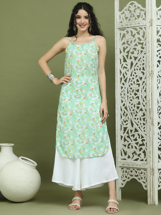 Women's Floral Printed Rayon Kurta ( JOK 1578 Green )