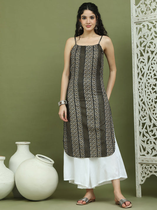 Foil Printed Rayon Kurtas for Women ( JOK 1586 Black )