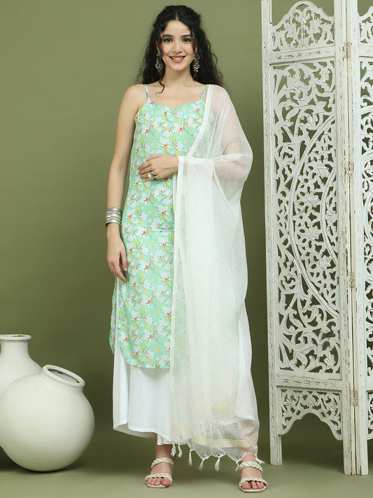 Floral Printed Rayon Kurta Palazzos with Dupatta ( JOKPL 2137W D31W 1578 Green )