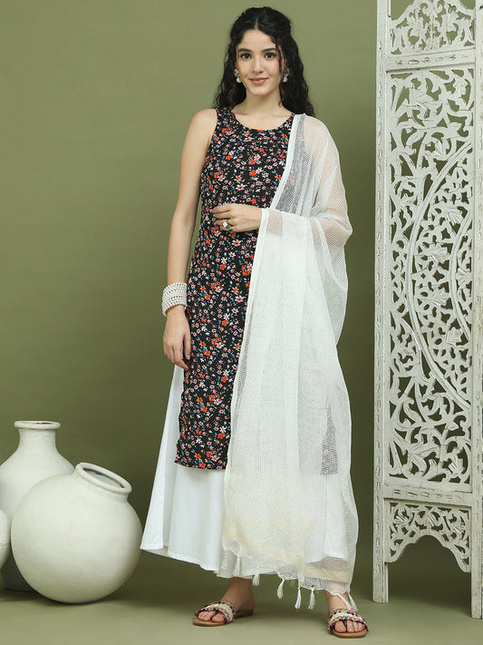 Floral Printed Rayon Kurta Palazzo Set ( JOKPL 2137W D31W 1584 Black )