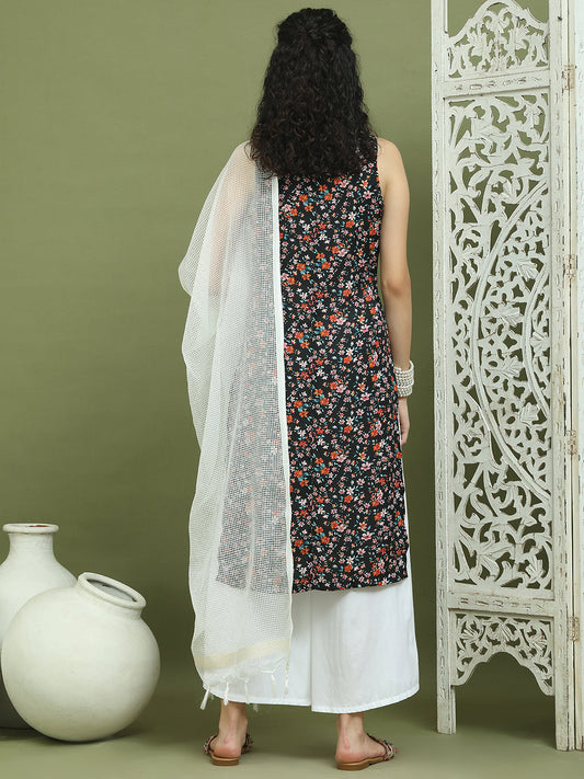 Floral Printed Rayon Kurta Palazzo Set ( JOKPL 2137W D31W 1584 Black )