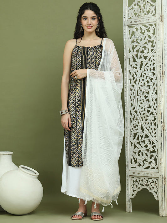 Foil Printed Rayon Kurta Palazzo Dupatta ( JOKPL 2137W D31W 1586 Black )