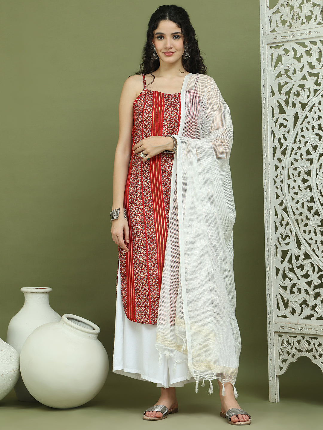 Foil Printed Rayon Kurta Palazzo Dupatta ( JOKPL 2137W D31W 1586 Red )