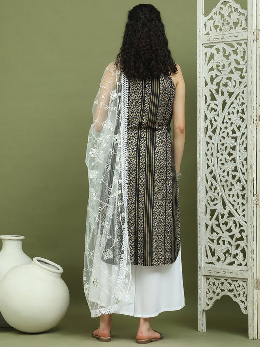 Foil Printed Rayon Kurta Palazzo Dupatta ( JOKPL 2137W D67W 1586 Black )
