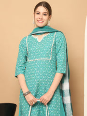 طقم كورتا أخضر مطبوع مع تطريز من الدانتيل، دوباتا بالازوس (JOKPL D61RA 1562 Rama)