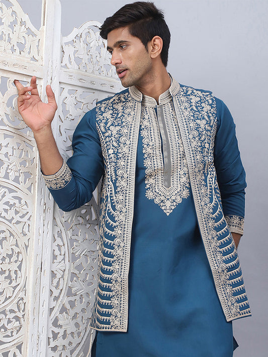 Men's Embroidered Waistcoat and Kurta Pyjama. ( JOKPWCS W 5054Peacock )