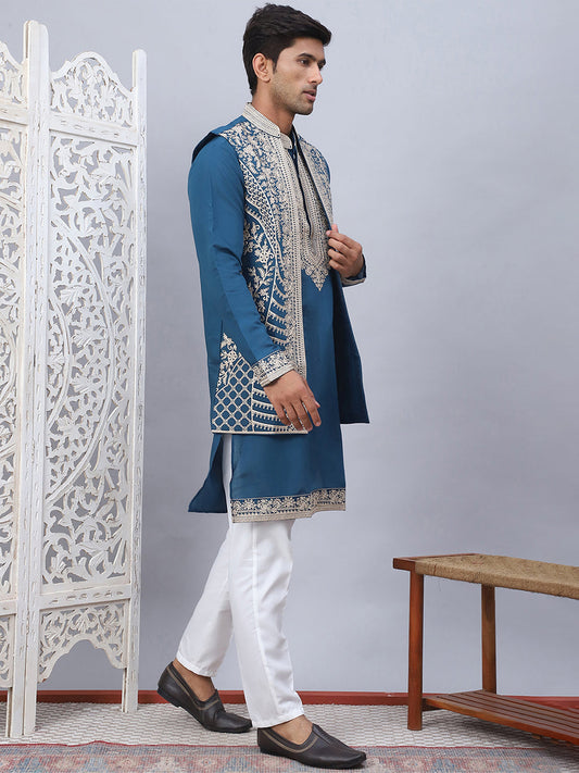 Men's Embroidered Waistcoat and Kurta Pyjama. ( JOKPWCS W 5054Peacock )