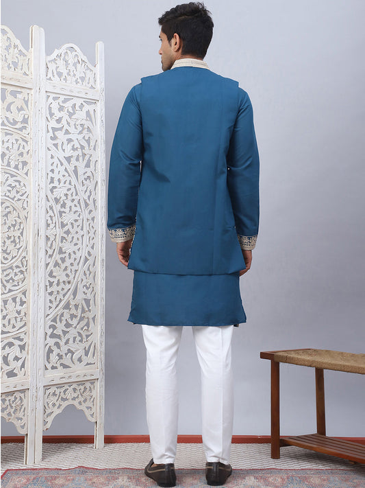 Men's Embroidered Waistcoat and Kurta Pyjama. ( JOKPWCS W 5054Peacock )
