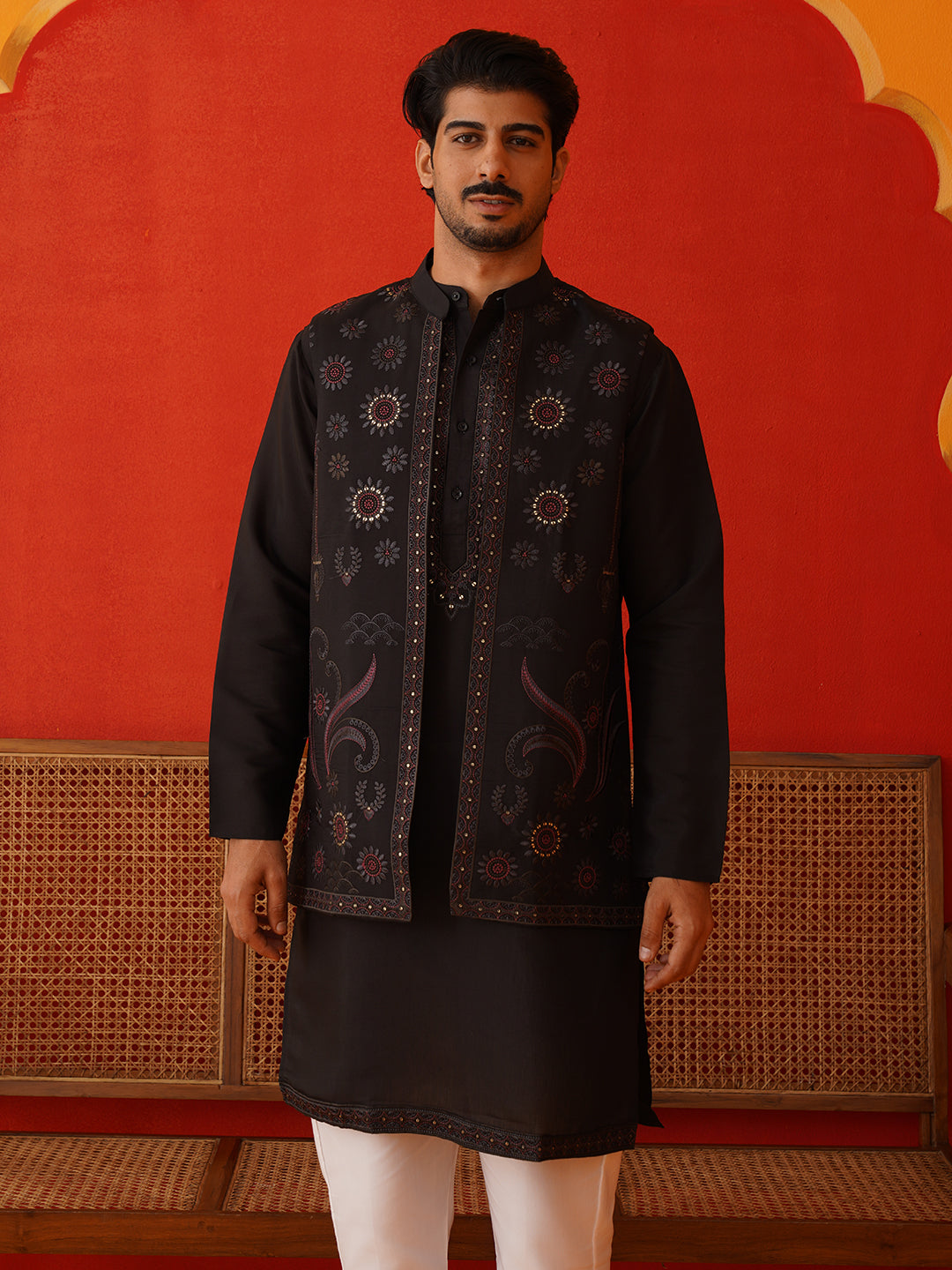 Embroidered Waistcoat & Solid Kurta Pyjama For Men ( JOKPWCS 5105Black )
