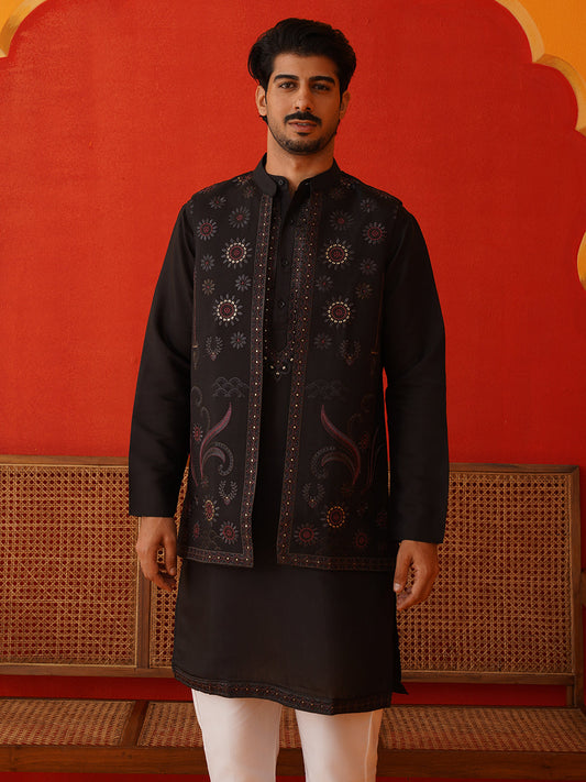 Embroidered Waistcoat & Solid Kurta Pyjama For Men ( JOKPWCS 5105Black )