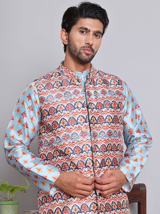 Printed Nehru Jacket & Kurta Pyjama Set ( JOKPWC 5148B 4122Blue )