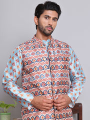 Printed Nehru Jacket & Kurta Pyjama Set ( JOKPWC 5148B 4122Blue )