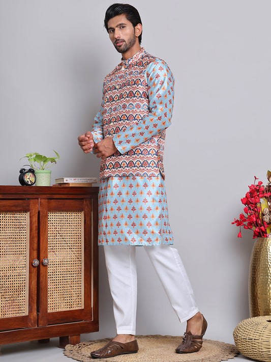 Printed Nehru Jacket & Kurta Pyjama Set ( JOKPWC 5148B 4122Blue )