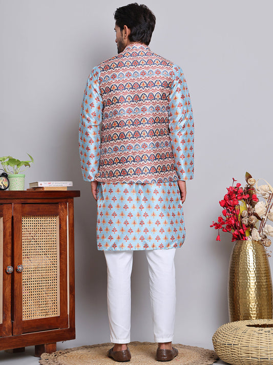 Printed Nehru Jacket & Kurta Pyjama Set ( JOKPWC 5148B 4122Blue )