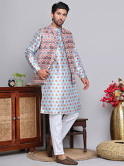 Printed Nehru Jacket & Kurta Pyjama Set ( JOKPWC 5148B 4122Blue )
