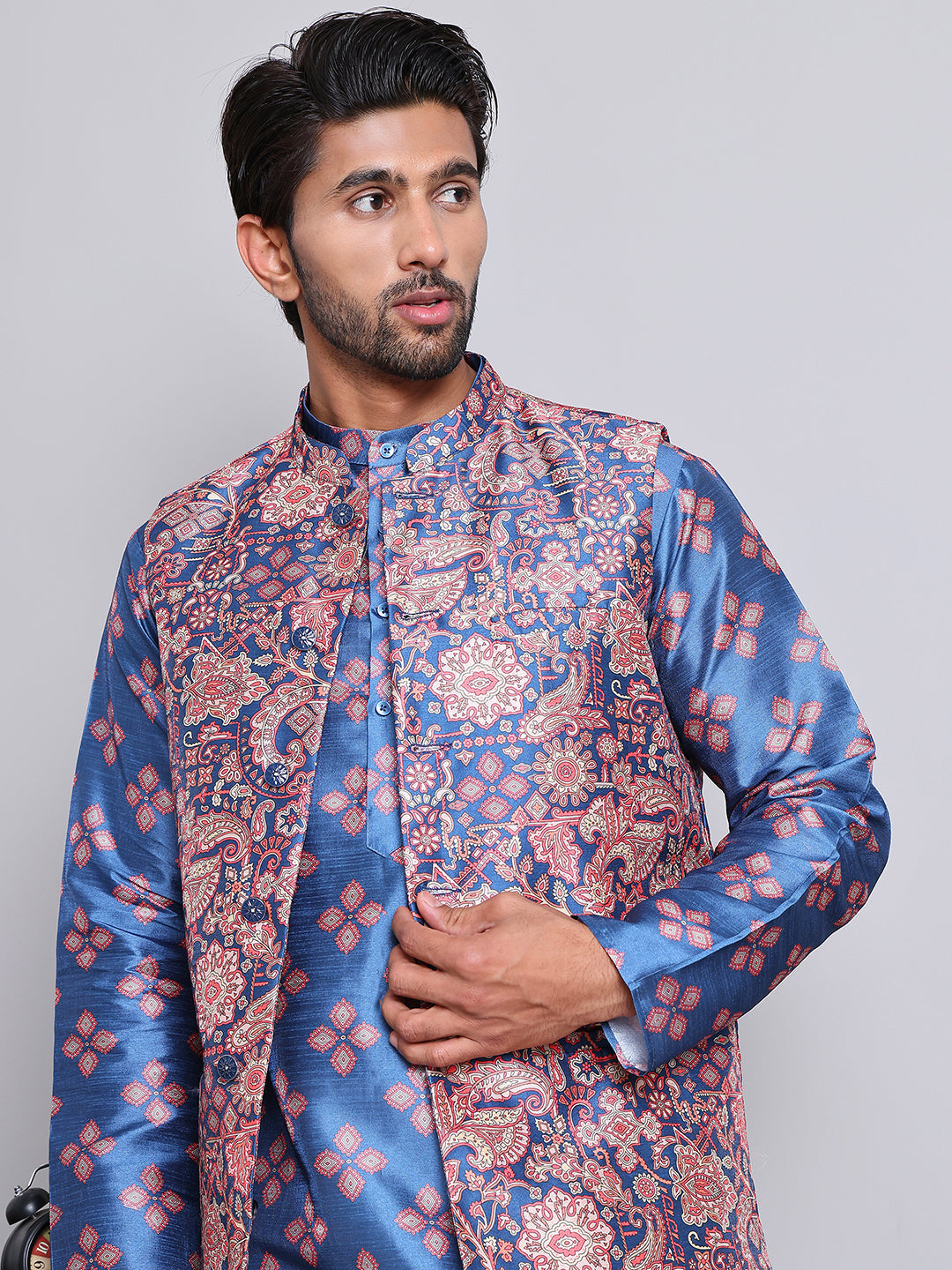 Printed Nehru Jacket & Kurta Pyjama Set ( JOKPWC 5148PK 4122Peacock )