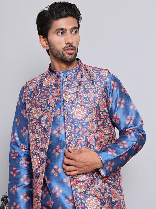 Printed Nehru Jacket & Kurta Pyjama Set ( JOKPWC 5148PK 4122Peacock )