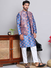 Printed Nehru Jacket & Kurta Pyjama Set ( JOKPWC 5148PK 4122Peacock )