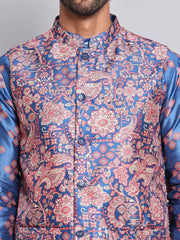 Printed Nehru Jacket & Kurta Pyjama Set ( JOKPWC 5148PK 4122Peacock )