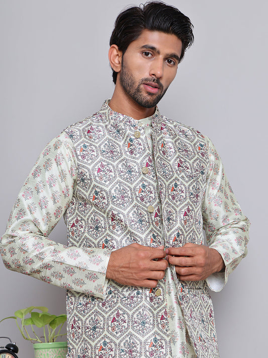 Printed Nehru Jacket & Kurta Pyjama Set ( JOKPWC 5148P 4122Pista )