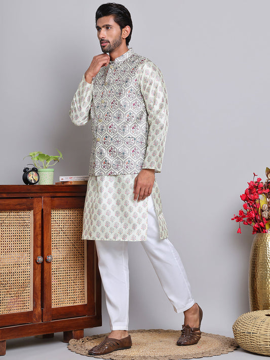 Printed Nehru Jacket & Kurta Pyjama Set ( JOKPWC 5148P 4122Pista )
