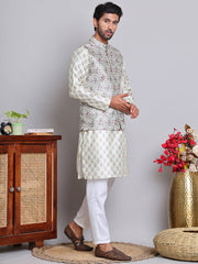 Printed Nehru Jacket & Kurta Pyjama Set ( JOKPWC 5148P 4122Pista )