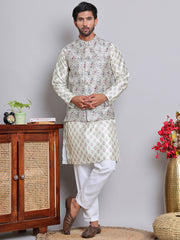 Printed Nehru Jacket & Kurta Pyjama Set ( JOKPWC 5148P 4122Pista )