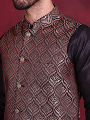 Woven Design Nehru Jacket With Kurta Pyjama Set ( JOKPWC 636B 4088 Maroon )
