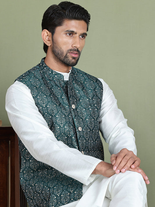 Men's Printed Nehru Jacket With Kurta Pyjama Set ( JOKPWC 636W 4084Olive )