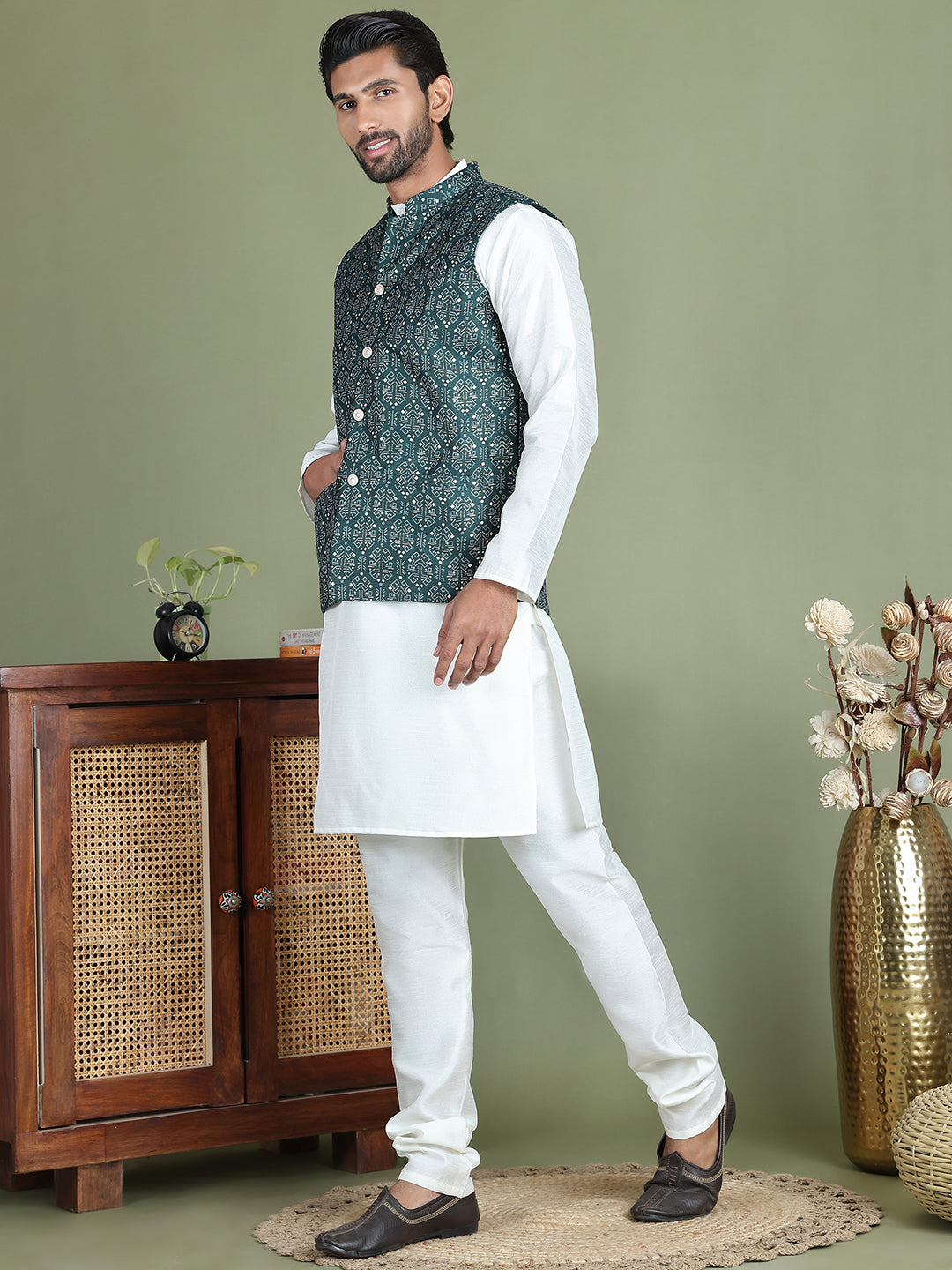 Men's Printed Nehru Jacket With Kurta Pyjama Set ( JOKPWC 636W 4084Olive )