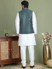 Men's Printed Nehru Jacket With Kurta Pyjama Set ( JOKPWC 636W 4084Olive )