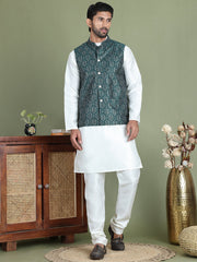 Men's Printed Nehru Jacket With Kurta Pyjama Set ( JOKPWC 636W 4084Olive )