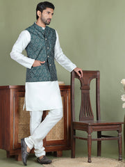 Men's Printed Nehru Jacket With Kurta Pyjama Set ( JOKPWC 636W 4084Olive )