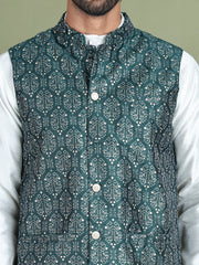 Men's Printed Nehru Jacket With Kurta Pyjama Set ( JOKPWC 636W 4084Olive )