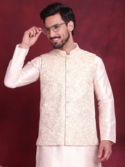 Woven Design Nehru Jacket With Kurta Pyjama Set ( JOKPWC 636W 4087 Cream )