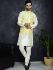 Men's Sequins and Embroidred Nehru Jacket With Solid Kurta Pyjama ( JOKPWC 636W 4096Yellow )