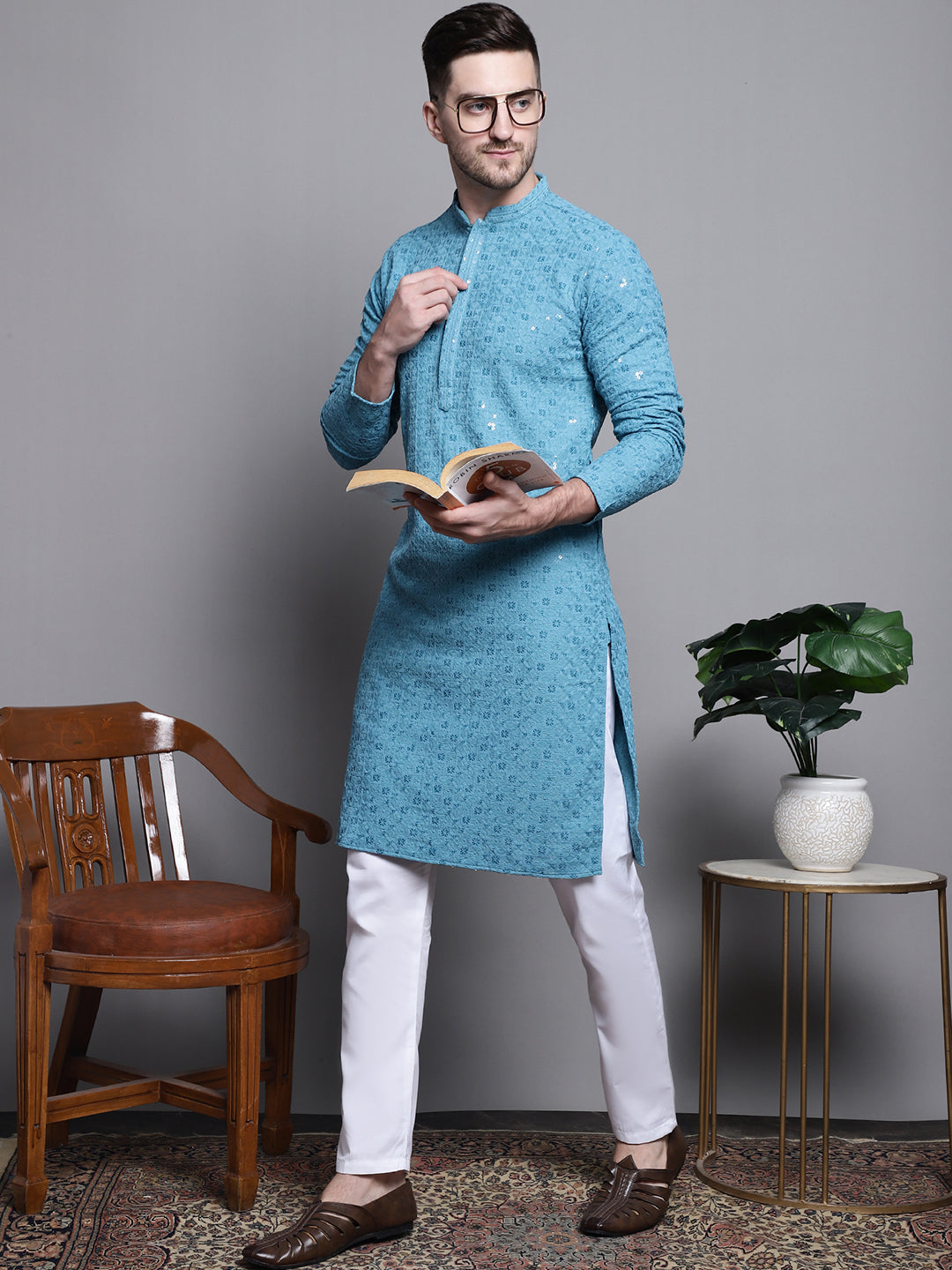Sequin Embroidered Pure Cotton Blue Kurta