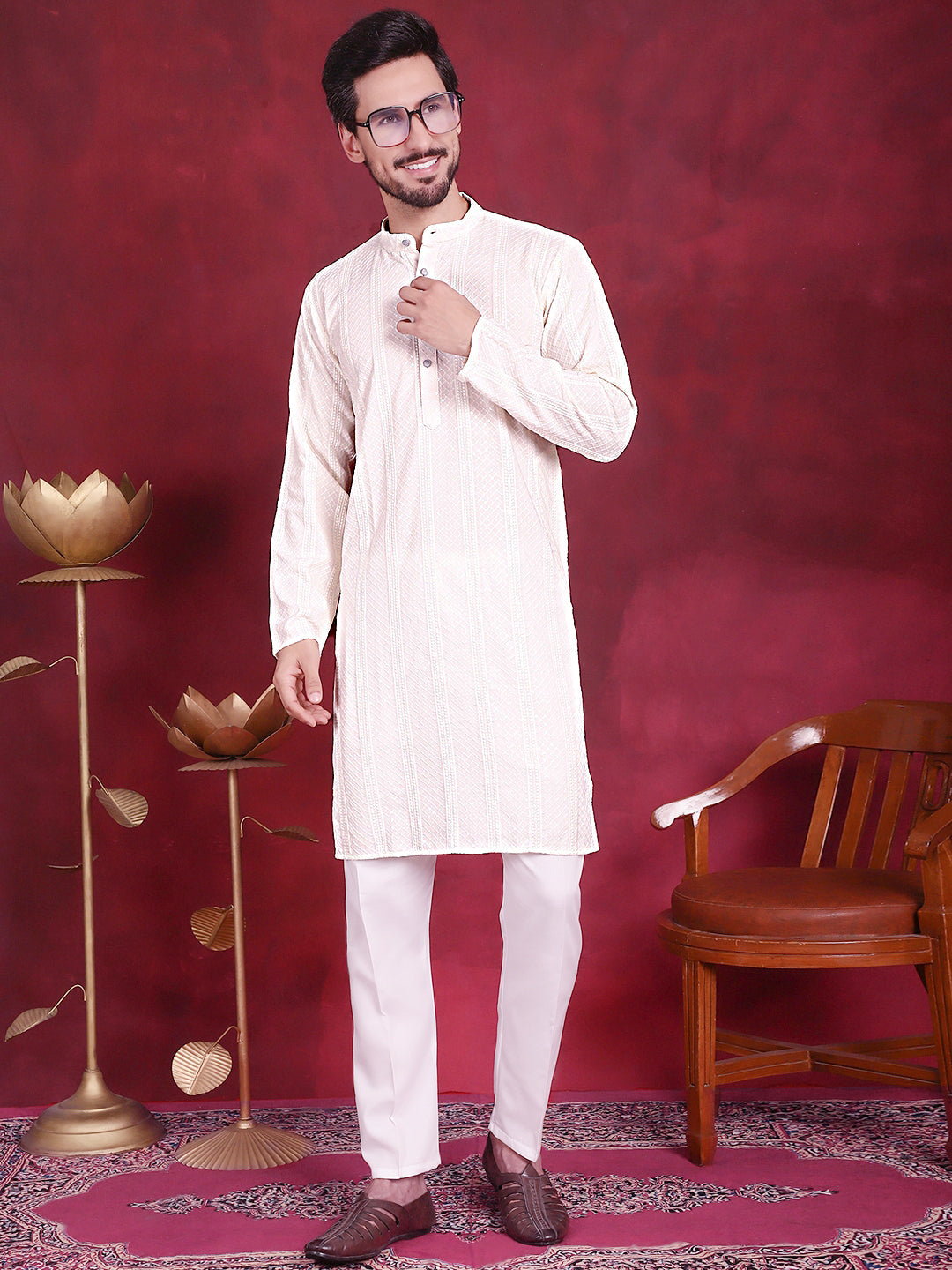 Mens Sequins Chikankari Embroidered Kurta With Pyjama
