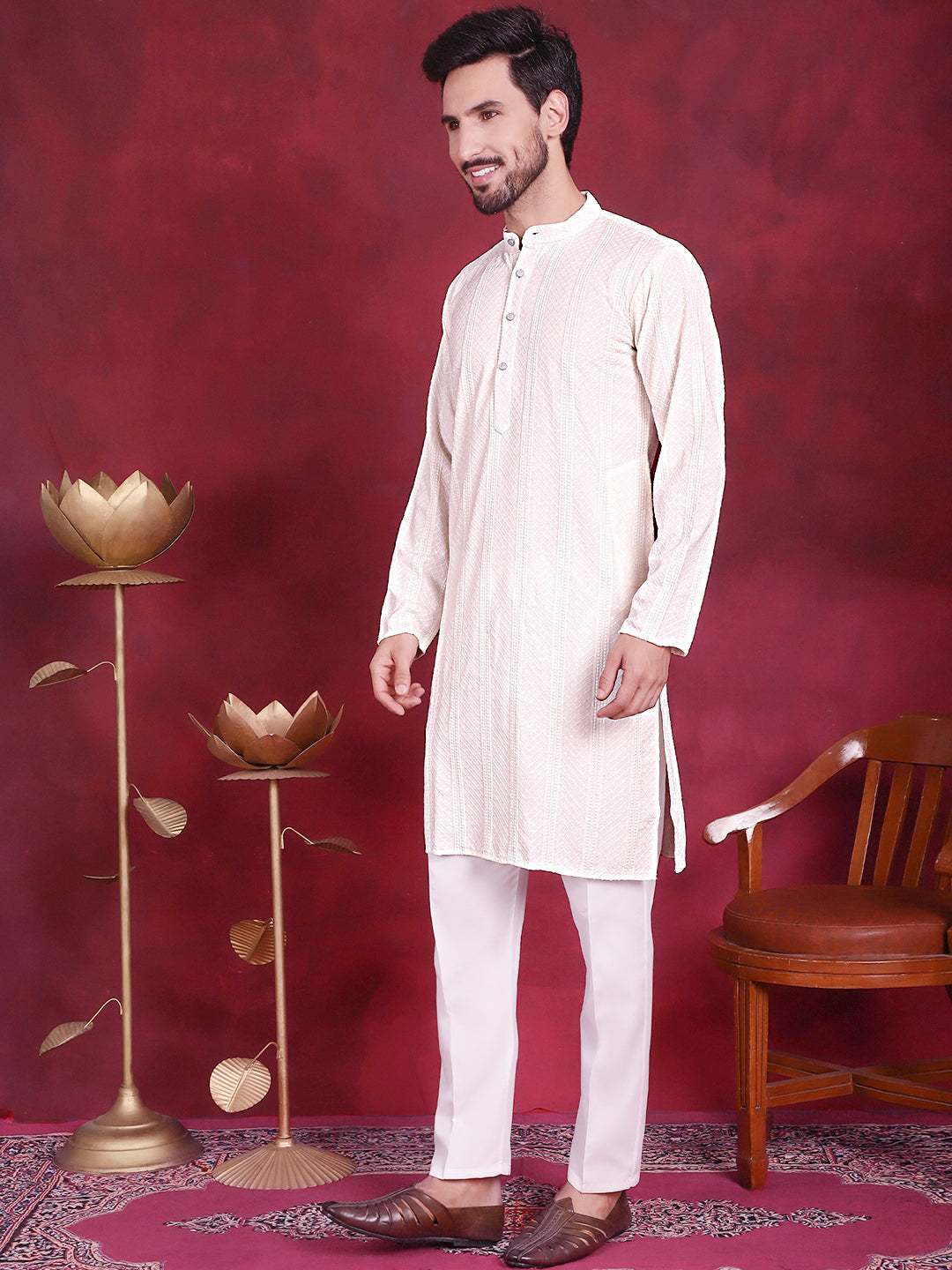 Mens Sequins Chikankari Embroidered Kurta With Pyjama