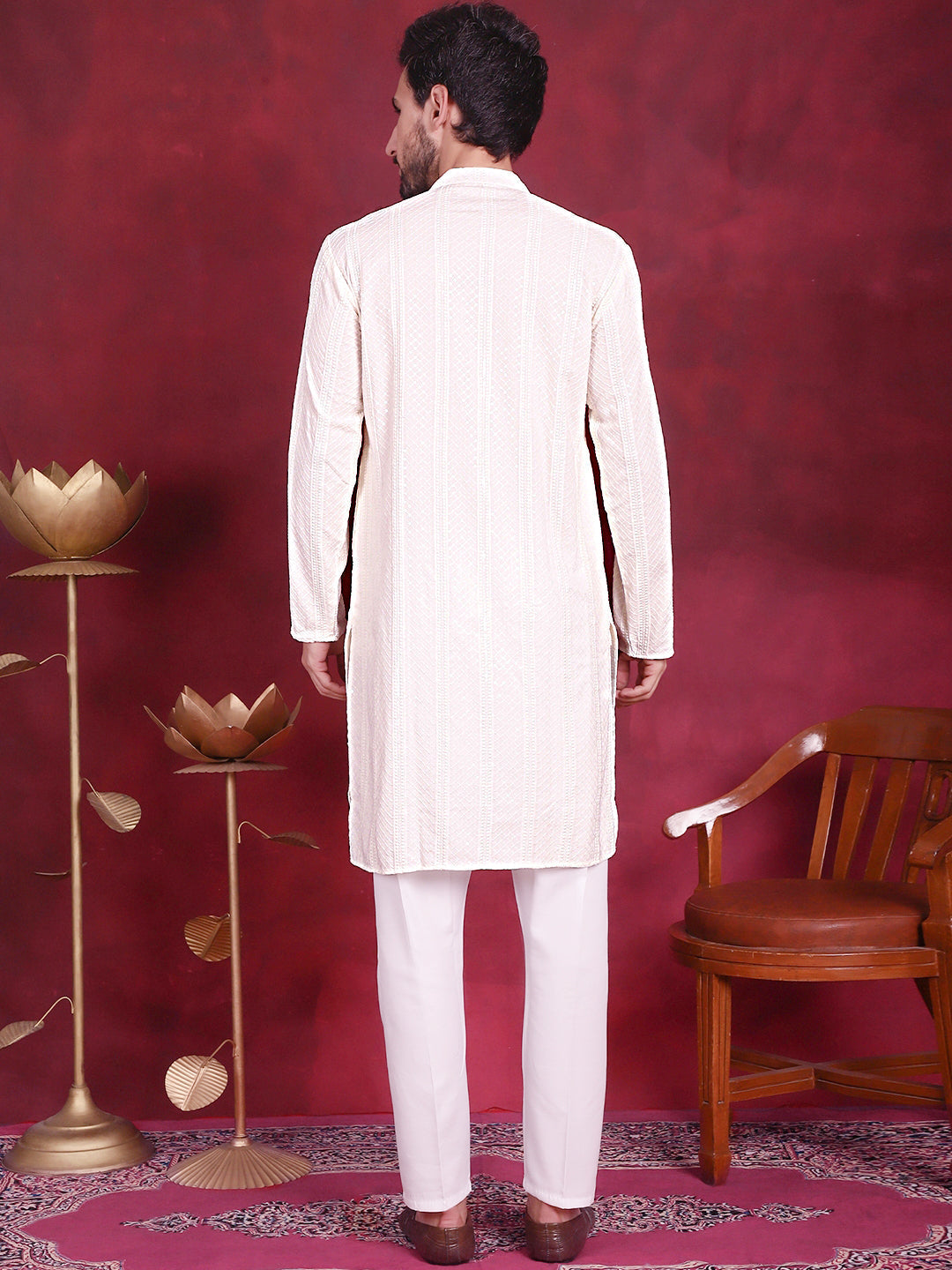 Mens Sequins Chikankari Embroidered Kurta With Pyjama