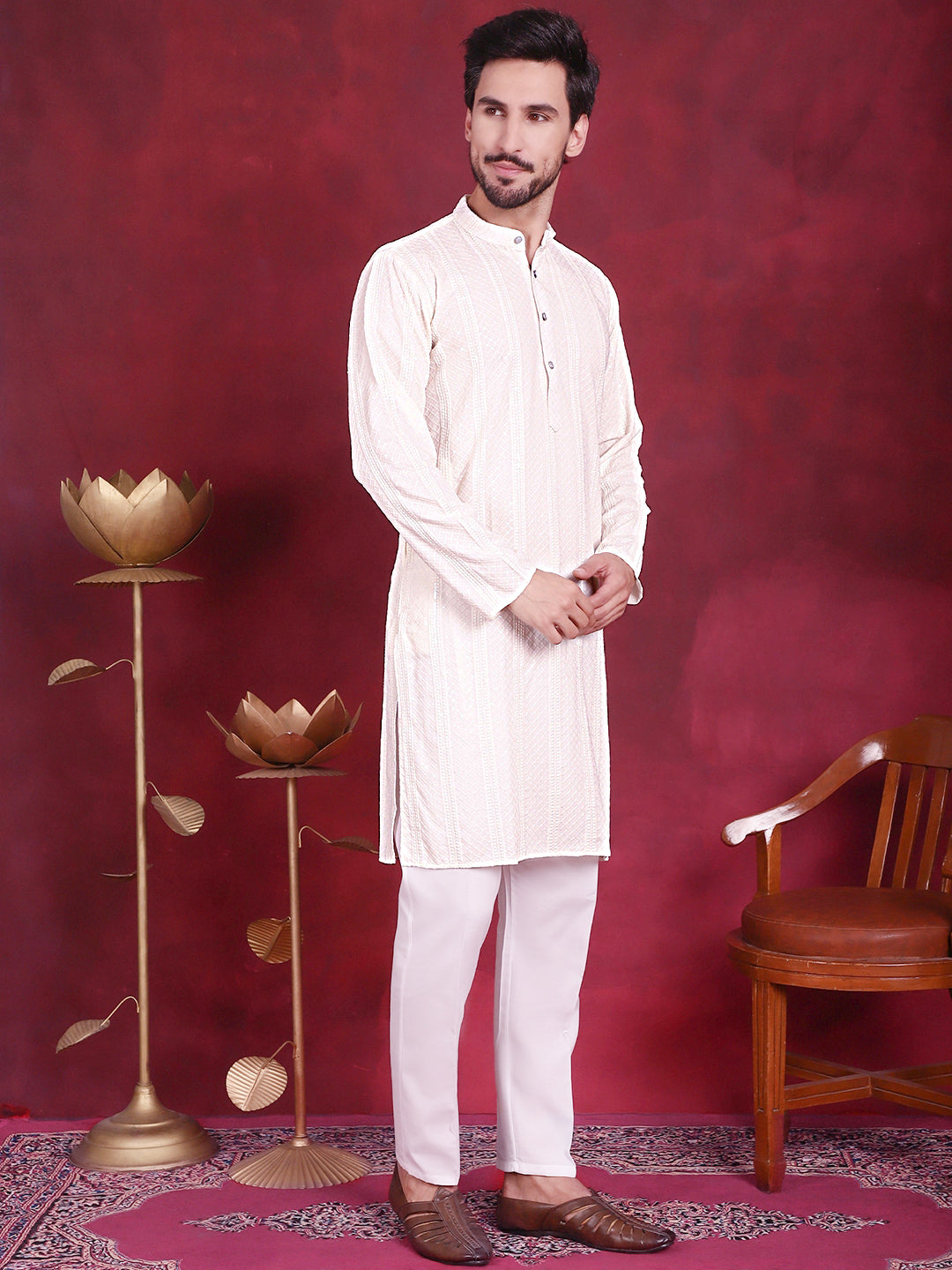Mens Sequins Chikankari Embroidered Kurta With Pyjama